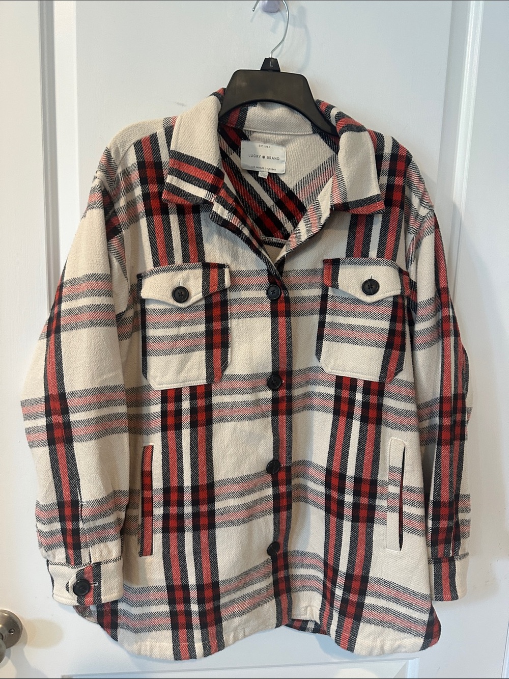 Lucky Brand Cream Plaid Utility Jacket with Red and Black Stripes